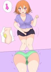 1girls 2koma bladder_bulge blush breasts female green_panties hand_between_legs have_to_pee izu95 large_breasts looking_at_viewer navel open_mouth original panties pink_eyes short_hair skirt stained_panties underwear wet wet_panties