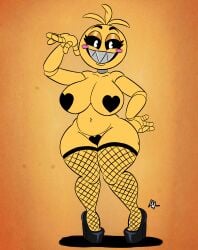 animatronic animatronic_female big_breasts chicken chicken_girl five_nights_at_freddy's five_nights_at_freddy's_2 mtoon pasties robot robot_girl rubberhose toy_chica_(cyanu) toy_chica_(fnaf)