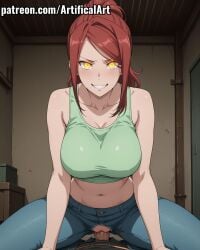 1boy 1girls ai_generated artifical_art big_breasts blue_pants blush clitoris cowgirl_position enen_no_shouboutai fire_force jeans light-skinned_female light_skin lisa_isaribi long_hair orange_eyes penis penis_in_pussy perfect_body ponytail pussy pussy_juice red_hair riding riding_penis sex spread_legs tied_hair torn_pants vaginal_penetration vaginal_sex voluptuous_female