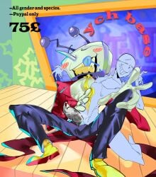 2boys cakicidilara commission deltarune deltarune_chapter_3 fanart gay male male_only scene screen_face suit_and_tie tenna_(deltarune) tv tv_head yaoi ych ych_(character)