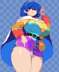 1girls animated belt blue_background blue_eyes blue_hair breasts cape checkered_background chimata_tenkyuu closed_mouth cowboy_shot dress female from_below hair_between_eyes hairband huge_breasts index_finger_raised large_breasts long_sleeves looking_at_viewer loop looping_animation multicolored_clothes multicolored_dress multicolored_hairband namako_(takorin) panties pantyshot pointing pointing_up short_hair simple_background skirt sky_print smile solo standing takorin tenkyuu_chimata thick_thighs thighs touhou touhou_project two-sided_fabric underwear white_panties