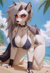 1girls ai_generated all_fours anthro anthro_female anthro_only beach big_breasts bikini collar erect_nipples female fur furry_female furry_only grey_body grey_fur hellhound helluva_boss looking_at_viewer loona_(helluva_boss) multicolored_body red_sclera sand solo solo_female spiked_collar tagme thighs white_body white_fur white_hair wolf wolf_girl