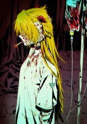 bandaged_arm bandaged_head bandages black_choker blonde_hair blood blood_bag blood_on_clothes blood_on_face blood_on_hands breasts choker dark eyepatch female highres hogerarara iv_stand long_hair neon_genesis_evangelion robe small_breasts smoking solo souryuu_asuka_langley standing twintails very_long_hair white_robe