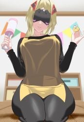 apron black_blindfold black_shirt blindfold blonde_hair female hair_ornament hammerkick highres long_hair looking_at_viewer pacifier shirt sitting smile thighs triangle_hair_ornament trigger_(zenless_zone_zero) yellow_apron zenless_zone_zero