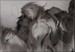 ! 2boys anal bite_mark_on_chest black_jacket crisis_core_final_fantasy_vii cum ejaculation final_fantasy final_fantasy_vii gay gay_male greyscale hair_slicked_back highres jacket long_hair luluzhang998873 male male_focus medium_hair monochrome multiple_boys open_mouth parted_bangs sephiroth sideburns spoken_exclamation_mark sweatdrop tongue tongue_out upper_body yaoi zack_fair