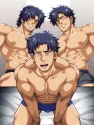 3boys abs bangs bara beard_stubble bed beefy biceps big_areola blue_hair blush boxers brother brothers brown_eyes bulge bulge_through_clothing ceiling ceiling_light collarbone daddy dilf eyelashes frown gay grin group half-closed_eyes hi_res hunk looking_at_another male male/male male_only manly mature_male medium_hair murakami_tarosu muscles muscular muscular_arms muscular_male no_body_hair original original_character pecs short_hair sitting six_pack standing stubble thick_arms thisarmor thong threesome topless tough_guy triplets underwear_only yaoi
