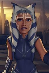 ahsoka_tano biting_lip blue_eyes clothed clothed_female horny looking_at_viewer orange_body outstretched_arm star_wars togruta viiperart