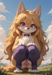 ai_generated blonde_hair canine_genitalia canine_pussy chest_tuft cub exhibitionism female fur furry little_bitch long_hair outdoor_nudity purple_eyes squatting submissive submissive_anthro submissive_slut thighhighs tight_anus viewed_from_below yellow_fur young younger_female