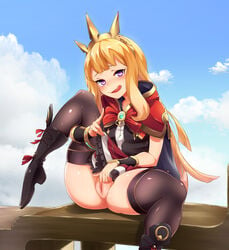 blonde_hair blush cagliostro_(granblue_fantasy) crown female fingering granblue_fantasy licking_lips long_hair looking_at_viewer masturbation no_panties purple_eyes pussy smile solo ten_piboshi thighhighs tongue tongue_out uncensored