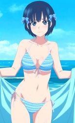 bare_legs bare_shoulders blue_eyes blue_hair botan_nagatsuki cleavage collarbone female looking_at_viewer medium_breasts ribbon_in_hair ribbons short_hair smile standing string_bikini striped_bikini towel towel_around_waist