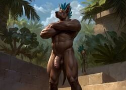abs aduran anthro balls big_penis brown_body canid canine canis crossed_arms day detailed_background digital_drawing_(artwork) digital_media_(artwork) digital_painting_(artwork) domestic_dog flaccid foreskin forest genitals hi_res humanoid_genitalia humanoid_penis jungle male mammal muscular muscular_anthro muscular_male nude outside painting_(artwork) penis plant solo standing tail tree uncircumcised