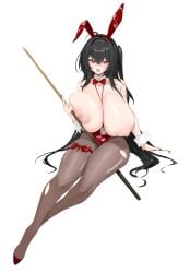 absurdres animal_ears azur_lane black_hair bow bowtie breasts breasts_out cue_stick detached_collar fake_animal_ears female highres huge_breasts iak long_hair looking_at_viewer official_alternate_costume pantyhose playboy_bunny rabbit_ears red_bow red_bowtie red_eyes solo taihou_(azur_lane) taihou_(fun_on_the_baize)_(azur_lane) thigh_strap torn_clothes torn_pantyhose wrist_cuffs