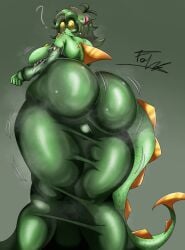 1boy ass ass_focus big_ass big_breasts big_butt big_thighs breasts busty_boy crocodile eve_(evedeve) evedeve femboy feminine_body feminine_male gator glasses green_hair green_skin hyper_butt male solo solo_femboy