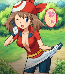 bad_id bag bandana belt bike_shorts blue_eyes breasts brown_hair cleavage female female_only fully_clothed gloves heart human human_only may_(pokemon) naughty_face nintendo one_eye_closed open_mouth pokemoa pokemon pokemon_rse short_hair skirt skirt_lift smile soara solo spoken_heart