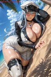 ai_generated akame_ga_kill! beach blue_eyes blue_hair cleavage cloud esdeath_(akame_ga_kill!) huge_breasts lying military_uniform ocean sky thick_thighs