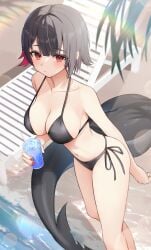 absurdres alternate_costume arm_behind_back beach beach_chair bikini black_bikini black_hair blush breasts chair cleavage closed_mouth collarbone commentary commentary_typo cup day ellen_joe english_commentary female fins fish_tail hair_between_eyes highres holding holding_cup large_breasts looking_at_viewer lounge_chair medium_hair multicolored_hair navel outdoors red_eyes red_hair shark_girl shark_tail short_hair side-tie_bikini_bottom solo stomach streaked_hair swimsuit tail thomas_8000 tropical_drink water zenless_zone_zero