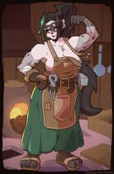 3_fingers 3_toes abs absurd_res anthro apron armpit bear belt big_breasts black_body black_fur black_hair blacksmith blizzard_entertainment blush blush_lines breasts buckle claws cleavage clothed clothing digital_drawing_(artwork) digital_media_(artwork) embarrassed feet female fingers fist flexing flexing_bicep full-length_portrait fur fur_tuft giant_panda gloves green_eyes green_hair grey_body grey_fur hair hammer hand_on_hip hi_res highlights_(coloring) koda_mamu looking_aside mammal multicolored_fur muscular muscular_female open_mouth pandaren portrait pouches sandals scar shirtless side_boob skirt smile smithy solo standing toes tongs tools warcraft wardrobe_malfunction white_body white_fur zhe