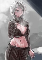 1girls big_breasts blue_eyes bra breasts cleavage clothing eyebrows_visible_through_hair faust_(limbus_company) female female_only large_breasts lifting_own_clothes light-skinned_female light_skin limbus_company namuraifu navel no_panties project_moon shiny_skin shirt_lift short_hair solo sweat sweatdrop white_hair