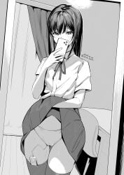 absurdres alone_belm arm_up artist_name cellphone chair choppy_bangs clothes_lift collared_shirt commentary_request cowboy_shot curtains dated desk dress_shirt dutch_angle female hair_between_eyes highres holding holding_phone lifting_own_clothes light_blush long_hair looking_at_viewer mirror monochrome neck_ribbon original panties phone pleated_skirt ribbon selfie sex_toy shirt short_sleeves skirt skirt_lift smartphone solo standing straight_hair thighhighs underwear vibrator vibrator_under_clothes vibrator_under_panties watermark watermark_grid window wooden_floor