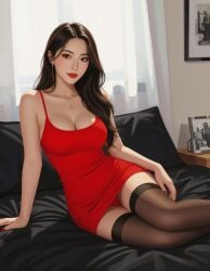 ai_generated asian asian_female black_eyes black_hair dress female girly japanese_female portrait sitting sitting_on_bed tights