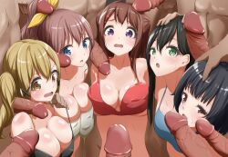 5girls 6+boys bang_dream! black_bra black_hair blonde_hair blue_bra blue_eyes blush bra brown_eyes brown_hair commentary_request erection female green_bra green_eyes hair_ornament hanazono_tae hand_on_another's_head highres ichigaya_arisa long_hair looking_at_another male multiple_boys multiple_girls open_mouth penis poppin'party red_bra short_hair straight surrounded_by_penises sweat toyama_kasumi twintails underwear ushigome_rimi whiton44 yamabuki_saya