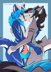 blue_body blue_eyes blue_fur blush dragon duo erection fish fur genitals green_eyes grey_body grey_tail hi_res male male/male marine mythological_creature mythological_scalie mythology nude_anthro nude_male penile penis pink_nose pupils scalie shark simple_background smile smirk tail teeth twang