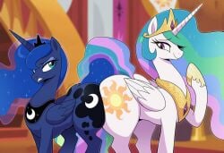 2girls ai_generated ass ass_envy ass_focus ass_to_ass blue_hair both_cutie_marks crown cutie_mark envy female female_only feral flowing_hair friendship_is_magic looking_annoyed my_little_pony my_little_pony_friendship_is_magic pony princess_celestia_(mlp) princess_luna_(mlp) siblings sister sister_and_sister sisters smug smug_face tiara