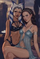2girls ahsoka_tano blue_eyes brown_eyes brown_hair female lingerie looking_at_viewer padme_amidala star_wars togruta viiperart