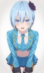 2.5_jigen_no_ririsa ai_generated artglass ass bending_forward blue_eyes blue_hair blue_necktie blue_skin breasts hair_between_eyes leaning_forward necktie nonoa_(2.5_jigen_no_ririsa) short_hair skirt small_ass small_breasts thighhighs thighs