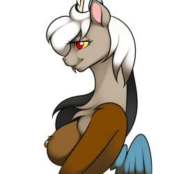 1:1 2013 anthro anthrofied antlers blue_body blue_feathers breasts chimera digital_media_(artwork) discord_(mlp) draconequus fangs feathered_wings feathers female friendship_is_magic half-length_portrait hasbro hi_res horn kloudmutt long_neck my_little_pony nipples portrait red_eyes rule_63 side_boob side_view simple_background small_wings solo teeth white_background white_hair wings