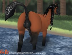 absurd_res animal_genitalia animal_penis anus ass balls braided_hair braided_ponytail creek crimsoncolored equid equine equine_genitalia equine_penis feral feral_with_hair forest genitals hair hi_res horse looking_at_viewer male mammal mila_(crimsoncolored) penis plant ponytail presenting presenting_hindquarters puffy_anus raised_tail solo tail tree