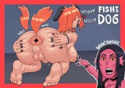 anthro balls big_breasts dickgirl dog_girl donutnaz female fish_girl futanari lipstick nude orange_hair painted_nails penis pointing red_body sharp_teeth shocked_expression spiked_bracelet spread_anus spread_ass sweaty