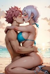 ai_generated beach bikini_top blue_hair blush cowgirl_position fairy_tail illustrious_(stable_diffusion) kissing large_breasts lisanna_strauss natsu_dragneel payop pink_hair profile_view sandals sex short_hair uncensored white_hair
