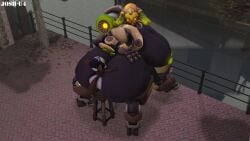 3d anal_sex anthro big_ass big_breasts bigger_female black_body blue_eyes brown_fur bytes_(whoofly) centaur chair fat_ass female glowing_nipples green_nipples heavy_ass josh-u4 male male/female omnic orisa overwatch raccoon robot shortstack size_difference smaller_male smile source_filmmaker white_fur yellow_eyes