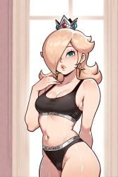 1female 1girls ai_generated blacked blacked_clothing blackedcommiss1 blonde_hair blue_eyes clothed female female_focus female_only looking_at_viewer medium_breasts nintendo princess princess_rosalina slim_waist yuri