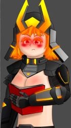 armor blush boobs_in_book_(meme) book covered_nipples dark_background female female_only fireguard_(shadow_fight_4) glowing glowing_eyes helmet looking_at_viewer medium_breasts orange_hair ouch_meme red_eyes robot robot_girl robot_humanoid shadow_fight shadow_fight_4 shadow_fight_arena shoulder_armor shy