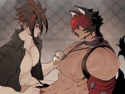 abs animal_ears anton_ivanov bara bidbrock big_pecs completely_nude gay komano_manato male male_focus male_only muscular muscular_male necklace nipple_play nipples nude nude_male pecs pecs_grab pubes pubic_hair shirt tail yaoi zenless_zone_zero