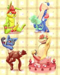 4boys arms_tied banana belt bound bowser cake cake_stripper cherry chocolate closed_eyes collar crossover cum erection food food_play fruit furry greninja gummy_bear hollo_nut improvised_sex_toy jazz_jackrabbit jazz_jackrabbit_(series) knot long_tongue looking_at_viewer lucario male male_only mario_(series) multiple_boys multiple_images multiple_poses nintendo nude one_leg_up orgasm penis pinup pokemon pokemon_(species) pose pubes sitting solo spiked_bracelet spikes spread_legs spreading standing strawberry super_mario_bros. testicles toned tongue translucent veins veiny_penis