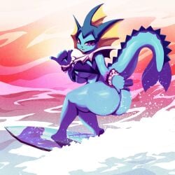 2020 ass big_ass bikini bikini_top blue_body blue_skin breasts canine cleavage eeveelution female female_only fish looking_at_viewer looking_back nintendo pokemon pokemon_(species) purple_eyes riendonut surfboard surfing tail thighs underboob vaporeon water