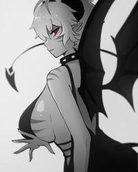 black_hair blaire_rune blairevt breast_lift breasts demon_horns demon_tail demon_wings dress greyscale hand_under_breasts horns indie_virtual_youtuber large_breasts looking_at_viewer nonbinary open_back red_eyes red_stripes short_hair side_cutout sideboob spiked_collar striped_body tail virtual_youtuber vtuber white_hair