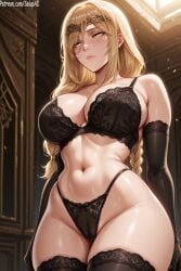 1girls ai_generated big_breasts blonde_hair bra braid braided_hair cameltoe crown curvy elbow_gloves elden_ring female female female_only from_below fromsoftware golden_eyes lace-trimmed_bra lace-trimmed_gloves lace-trimmed_panties lace-trimmed_thighhighs lingerie long_hair looking_away mature_female navel panties patreon queen_marika_the_eternal salupai solo solo_female stomach thick_thighs thighhighs thighs tiara uncensored watermark yellow_eyes