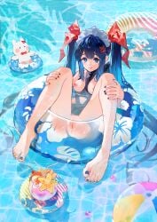 absurdres barefoot beach_ball black_one-piece_swimsuit blue_hair blue_nails breasts closed_mouth female full_body highres innertube long_hair medium_breasts nail_polish nipples one-piece_swimsuit original pussy sitting smile solo swim_ring swimsuit toenail_polish toenails toes uncensored yeougui