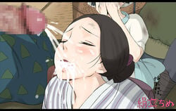 1boy 2girls blush bruise censored closed_eyes cum cum_in_mouth ejaculation facial hair_bun horikoshi_kayo injury japanese_clothes kaze_tachinu libre mosaic_censoring mrs._kurokawa multiple_girls open_mouth penis straight studio_ghibli the_wind_rises walk-in