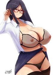 1girls black_hair bra breasts female glasses hand_in_hair highres large_breasts long_hair nipple open_clothes open_shirt original panties purple_eyes see-through see-through_bra simple_background skirt skirt_lift smile solo teacher thighhighs tiger1001 unbuttoned unbuttoned_shirt underwear white_background