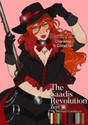 1girls cleavage dhampir diplomacyraptor dnd dungeons_and_dragons female green_eyes gun gunslinger long_hair lujordis navel pathfinder pathfinder_(oc) pinup pinup_pose red_hair rifle saadis_revolution solo_female solo_focus tagme vampire vampire_girl zeri_(cobaltjarl)