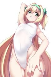 1girls blazblue blonde_hair breasts green_eyes hair_ribbon hairband hand_on_own_head heart-shaped_pupils highres kaname_nagi long_hair one-piece_swimsuit open_mouth platinum_the_trinity simple_background small_breasts swimsuit symbol-shaped_pupils thick_thighs thighs twintails