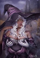 2girls big_breasts blonde_female blonde_hair breast_grab cleavage dark-skinned_female duchess_(elden_ring) duchess_(nightreign) elden_ring elden_ring_nightreign female fromsoftware groping_breasts groping_from_behind invisible kirelinta lesbian light-skinned_female recluse_(elden_ring) recluse_(nightreign) romantic white_hair white_hair_female wholesome witch witch_hat yuri