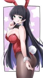 1girls ;q animal_ears arm_at_side ass bare_arms bare_shoulders black_bow black_bowtie black_hair black_pantyhose blunt_bangs bocchi_the_rock! bow bowtie breasts choppy_bangs cleavage closed_mouth colored_inner_hair cowboy_shot detached_collar earclip earrings eyelashes face_piercing fake_animal_ears fake_tail female fingernails forked_tongue from_side green_eyes hairband hand_on_own_cheek hand_on_own_face hand_up highres hime_cut jewelry kirisaki_reina labret_piercing large_breasts leotard licking_lips light_blush lips long_fingernails long_hair looking_at_viewer looking_back mole mole_on_breast mouth_piercing multicolored_hair nail_polish one_eye_closed pa-san pale_skin pantyhose piercing pink_nails playboy_bunny rabbit_ears rabbit_tail red_hairband red_leotard solo standing star_(symbol) star_symbol_background strapless strapless_leotard tail thick_thighs thighs tongue tongue_out twisted_torso very_long_hair wing_collar wrist_cuffs