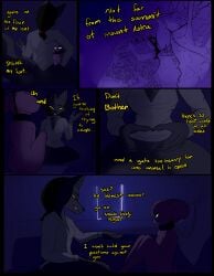 1boy 1girl absurd_res age_difference anthro ass blue_eyes bottomless bottomless_female canid canine clothed clothing collar collar_only comic dialogue duo facial_scar female fortress fox genitals hi_res keta_(privvy) kidnapping landscape larger_female light male male/female mammal miguel_(privvy) moonlight mountain mouse murid murine nude older_female privvys-art pussy red_fox rodent scar silver_fox size_difference true_fox vulva yellow_eyes younger_male