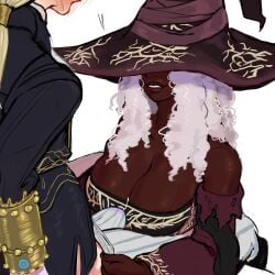 1futa 1girls big_breasts blonde_hair blush buldge cleavage clothed_female clothes dark-skinned_female duchess_(nightreign) dutchess elden_ring elden_ring_nightreign eyes_covered female full_lips futanari hiddenfuchsia imminent_oral imminent_sex intersex large_breasts long_hair mature_female pale-skinned_female pulling_down_pants recluse_(nightreign) sitting smile white_hair witch witch_hat